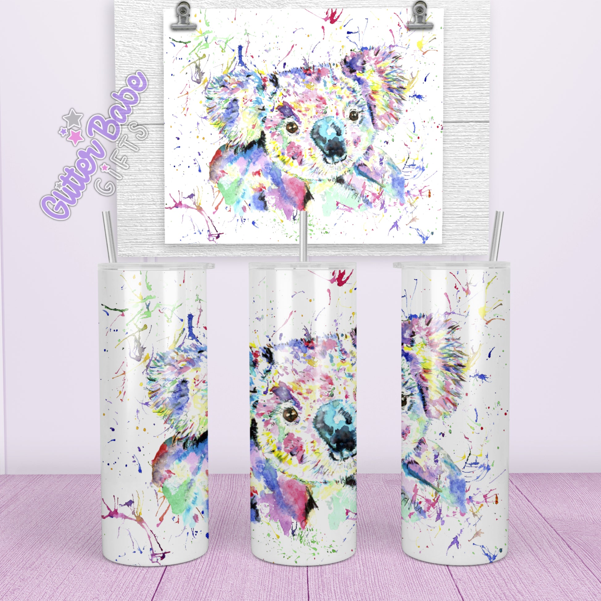 White skinny tumbler with colourful koala on water splash background