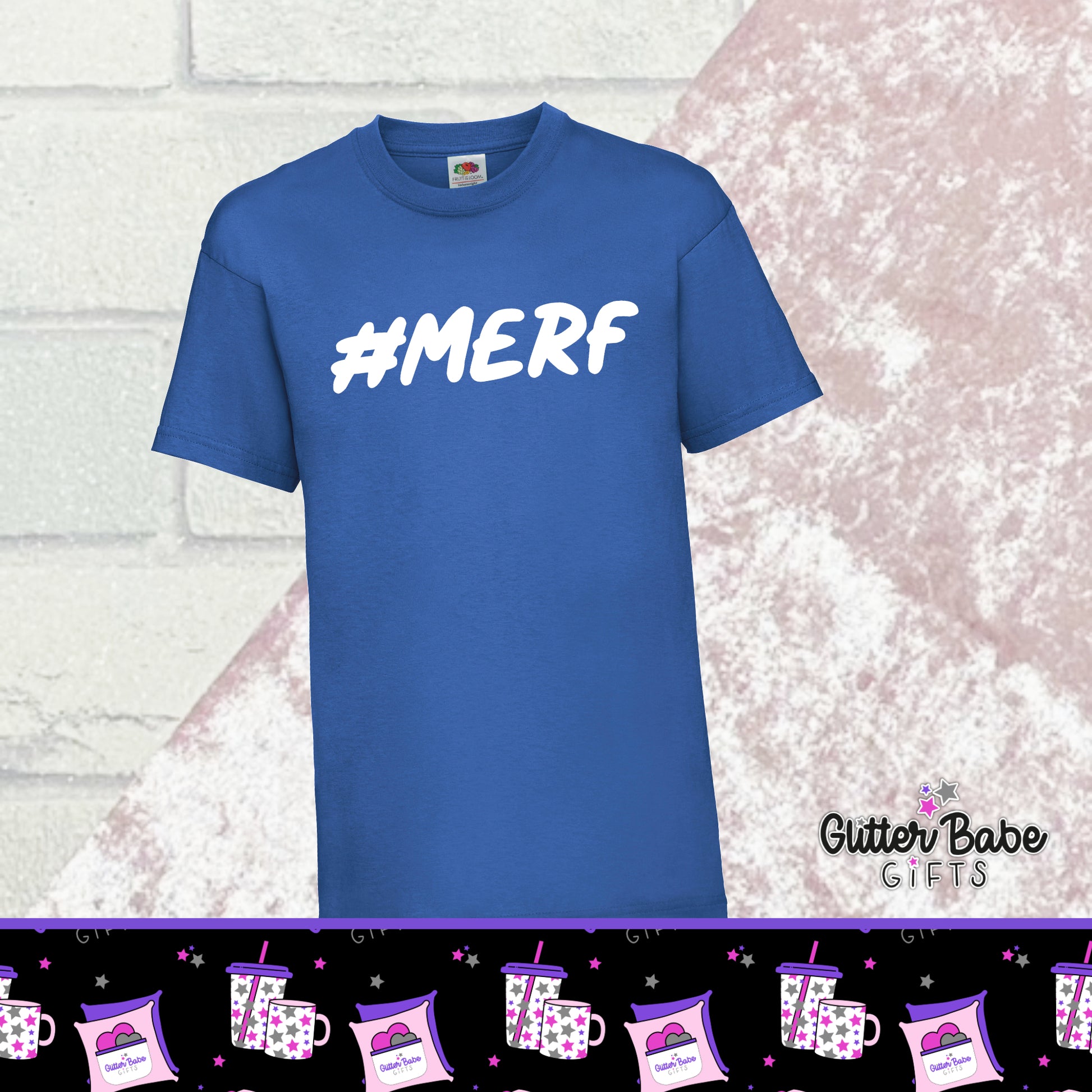 a pink and white backdrop with a blue t-shirt that has white writing saying #merf on it 