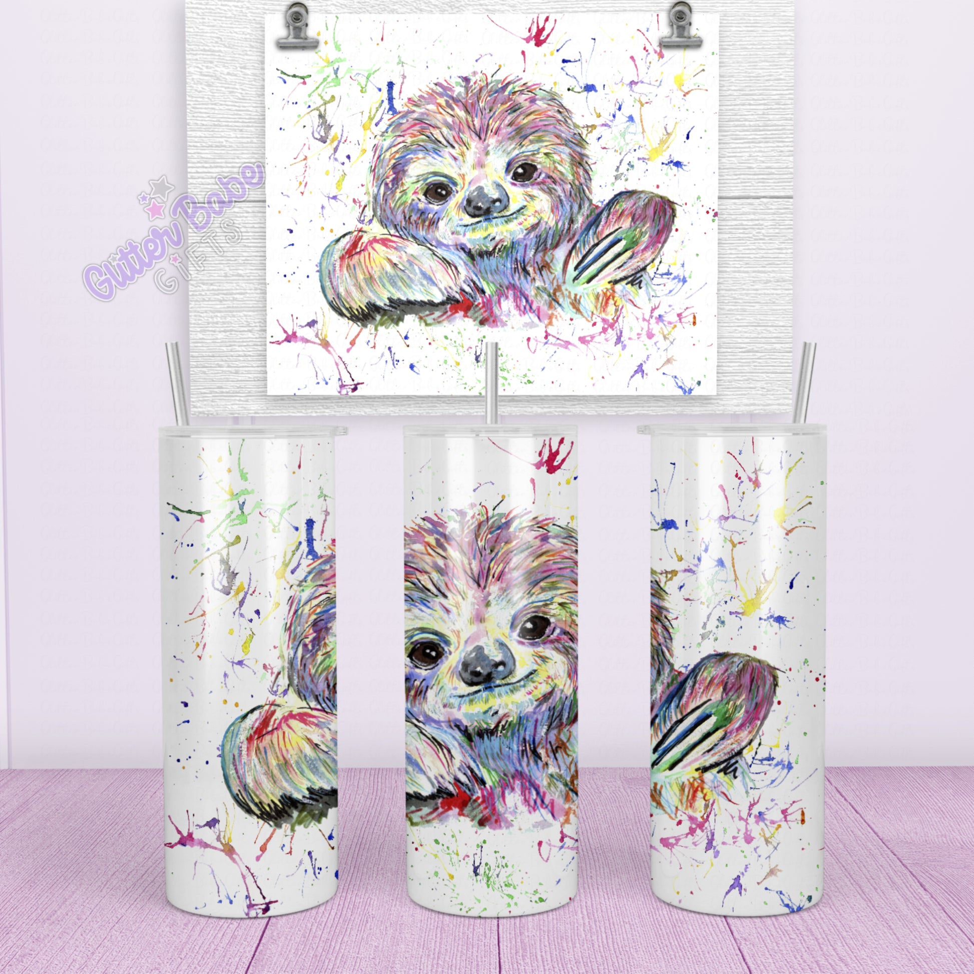 white tall skinny tumbler with a colourful rainbow sloth image and a water splash splatter effect background