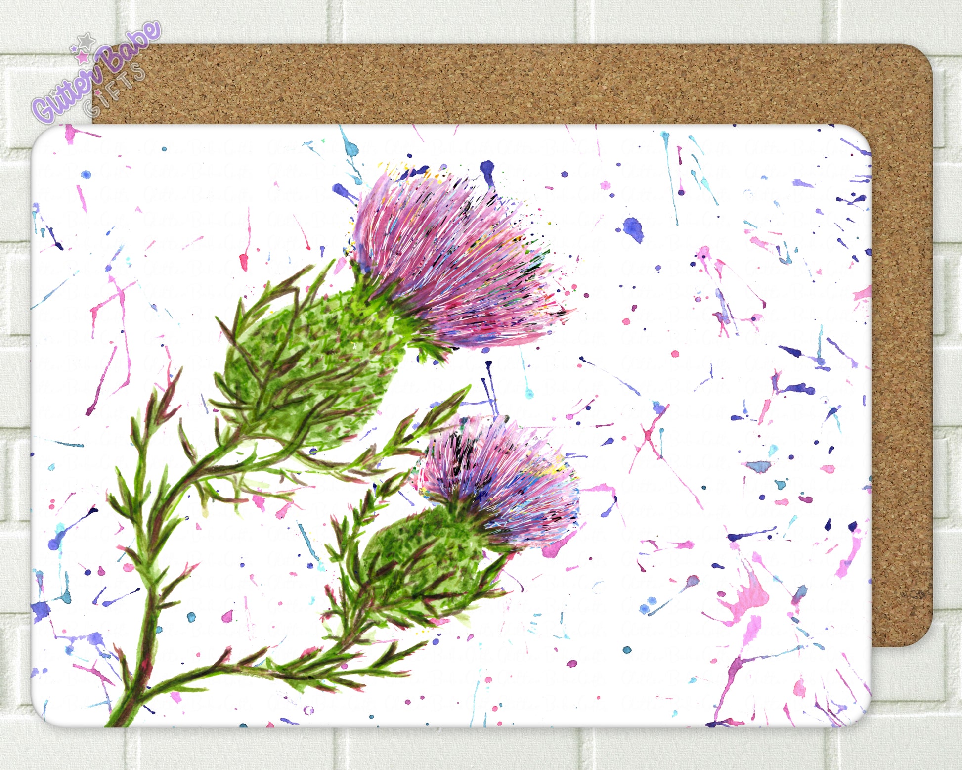 Water Colour thistle duo with purple splash effect  background shown on white cork backed placemats