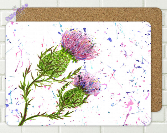 Water Colour thistle duo with purple splash effect  background shown on white cork backed placemats